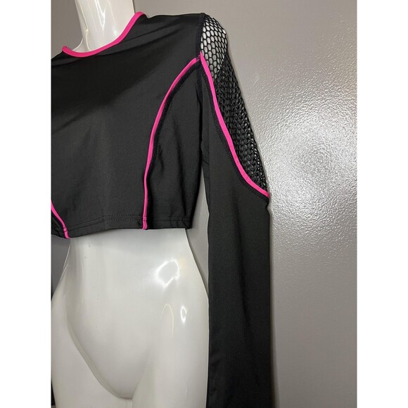 LOVE LOVE LOVE Shirt Womens Medium Black Pink Crop Top Mesh Fishnet Long Sleeve - Picture 3 of 7